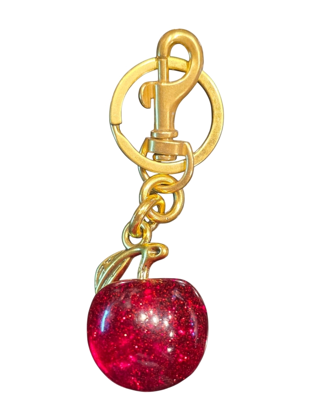 Red Glitter Apple Charm Keyring with Matte Gold Hardware